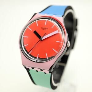 Swatch A COTE GB286 Womens Watch 34mm Orange Dial Pink Case Rubber w New Battery